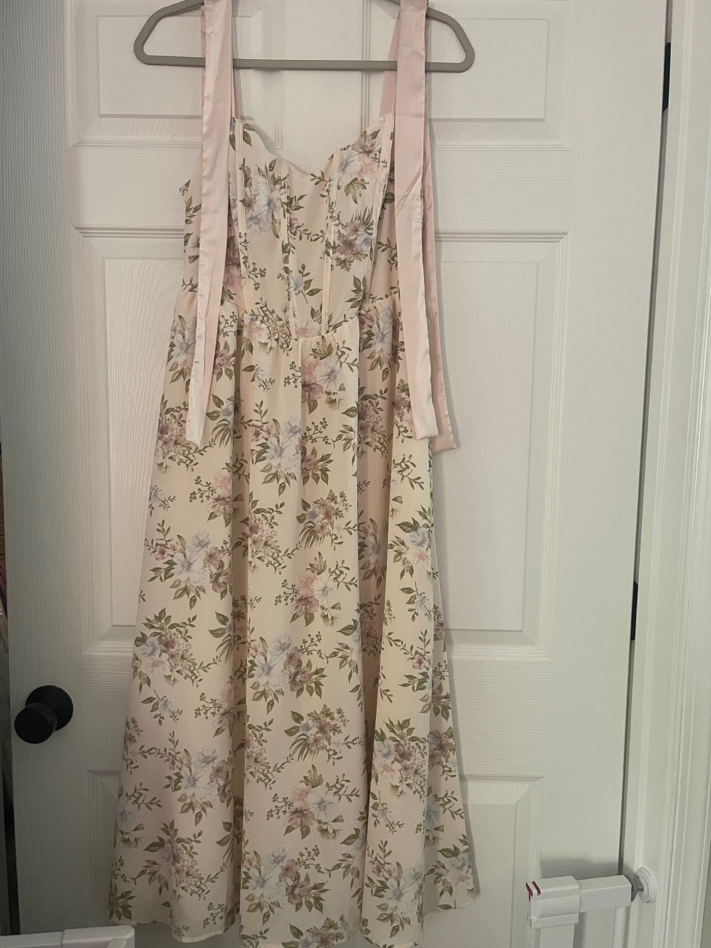 Floral Tie-Strap Ribbed Dress in Cream